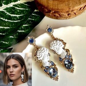 Goddess Statue Blue Rhinestone Earrings Art Deco Baroque Aristocrat Ornate Zara